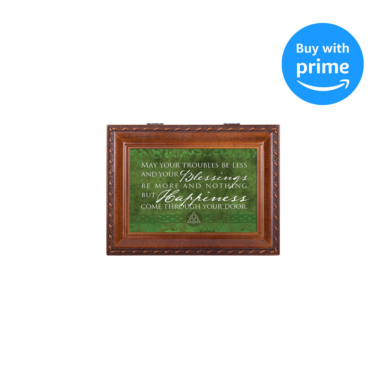 Cottage Garden Troubles Less Blessings More Happiness Woodgrain Rope Trim Jewelry Music Box Plays Irish Lullaby