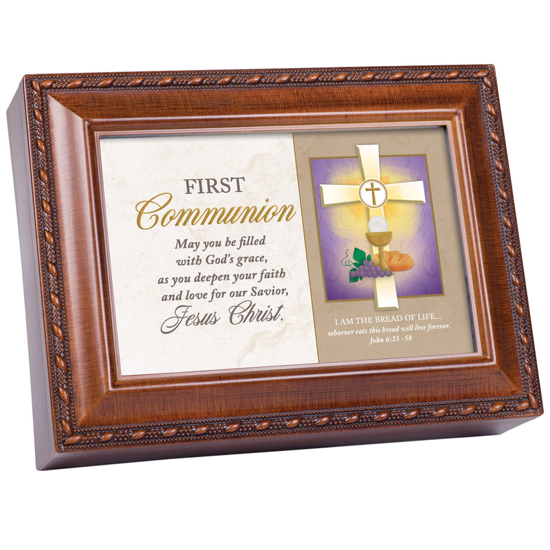 First Communion God's Grace Woodgrain Traditional Music Box Plays How Great Thou Art