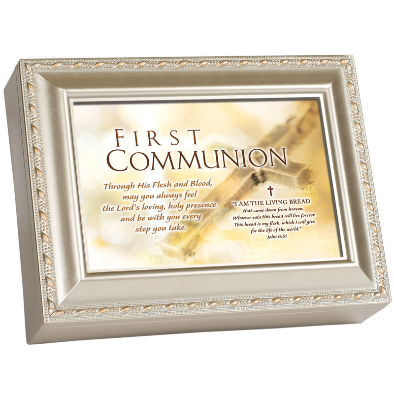 First Communion Living Bread Champagne Silver Traditional Music Box Plays Jesus Loves Me