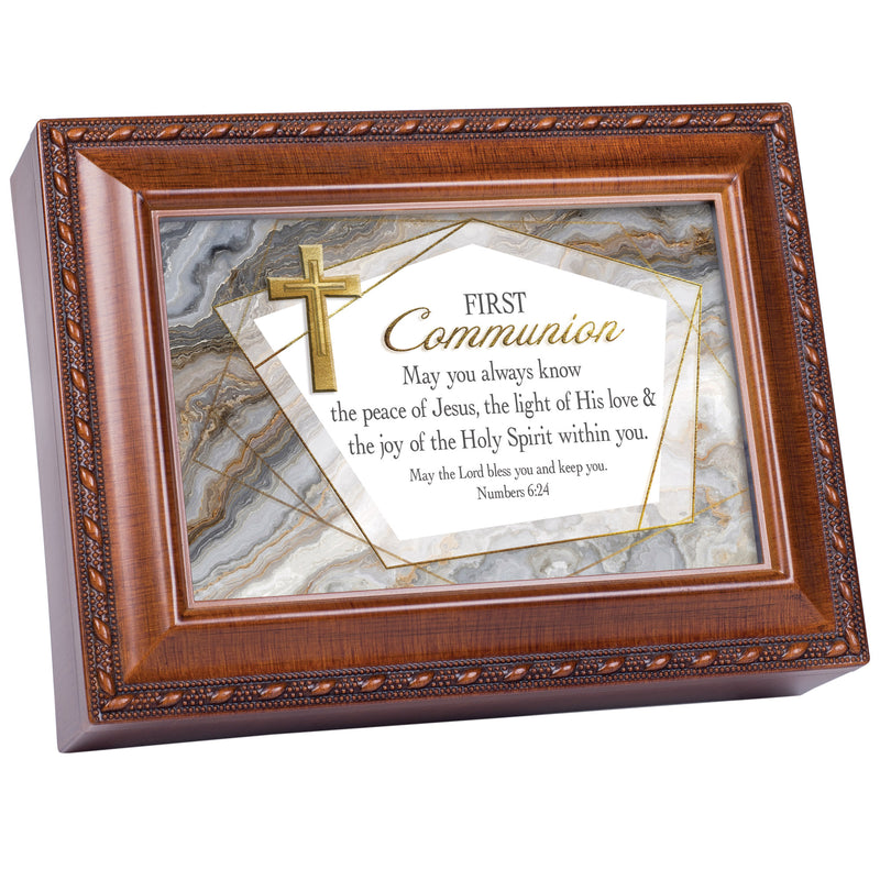 First Communion  Distressed Brown 8 x 6 Music Box Plays Tune How Great Thou Art