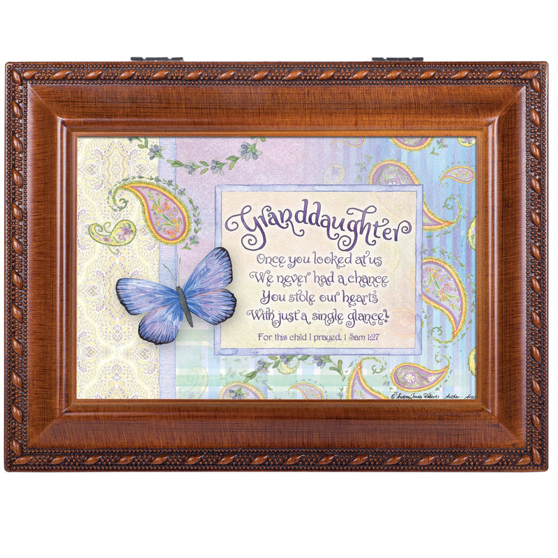 Cottage Garden Granddaughter Stole Our Hearts Woodgrain Rope Trim Jewelry Music Box Plays Friend in Jesus