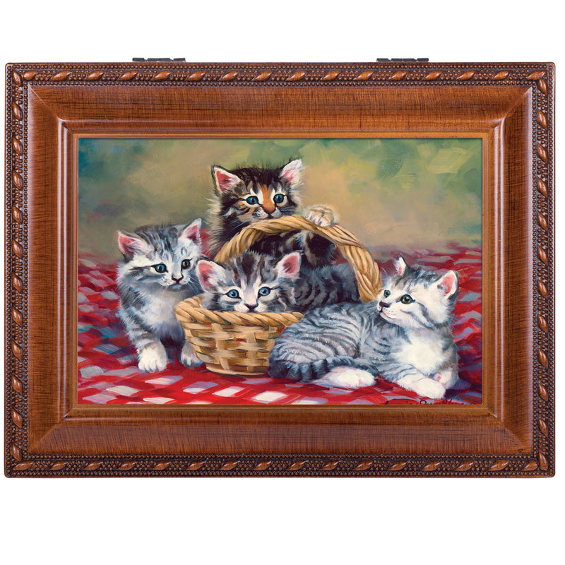 Cats Grey Brown Kittens in Basket Woodgrain Rope Trim Jewelry Music Box Plays You Are My Sunshine