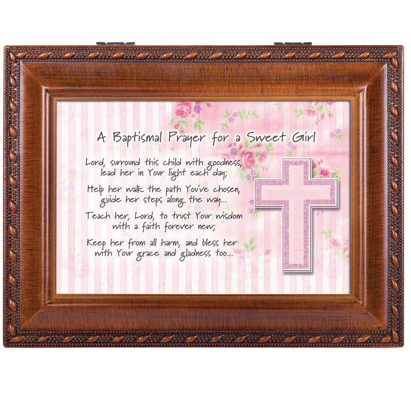 Baptismal Prayer Lead Her Woodgrain Rope Trim Jewelry Music Box Plays Jesus Loves Me