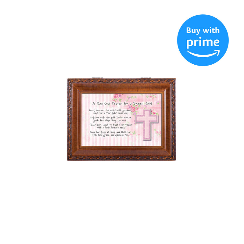 Baptismal Prayer Lead Her Woodgrain Rope Trim Jewelry Music Box Plays Jesus Loves Me