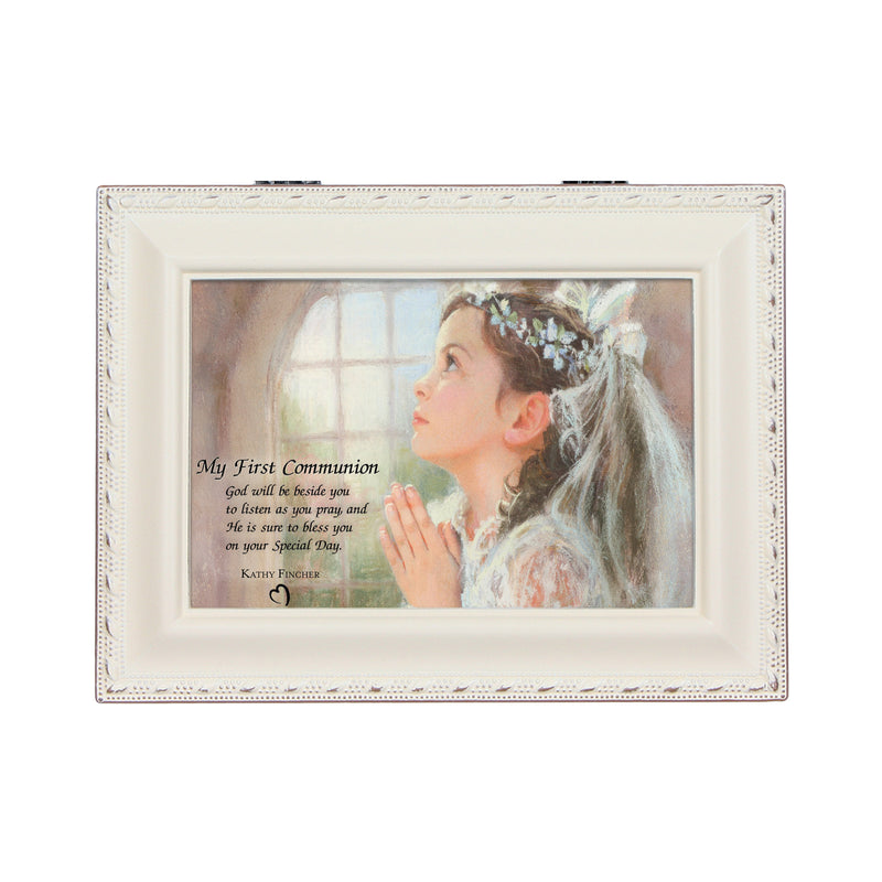 First Communion God Will Be Beside You Ivory Rope Trim Jewelry Music Box Plays Ave Maria