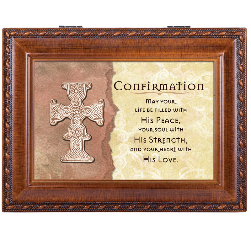 Cottage Garden Confirmation Life Filled with Peace Woodgrain Rope Trim Jewelry Music Box Plays Friend in Jesus