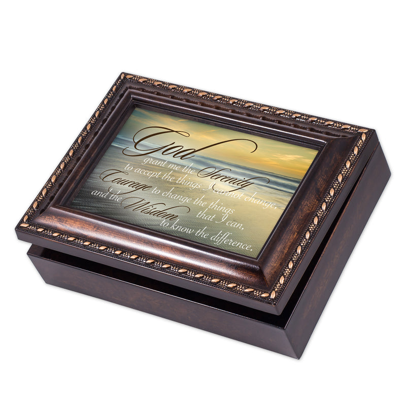 Cottage Garden Serenity Prayer Ocean Waves Burlwood Finish Jewelry Music Box Plays Amazing Grace