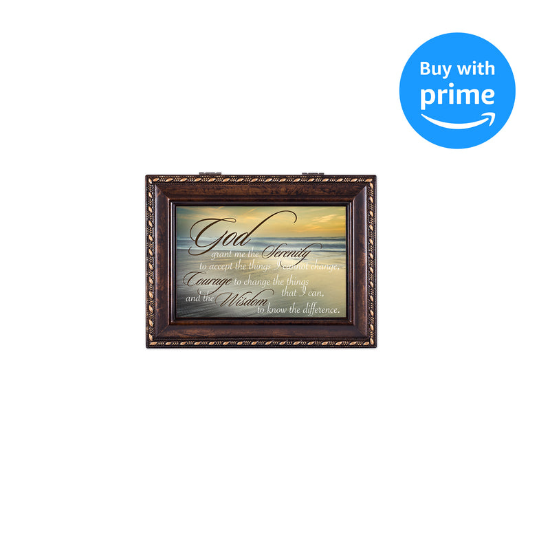 Cottage Garden Serenity Prayer Ocean Waves Burlwood Finish Jewelry Music Box Plays Amazing Grace