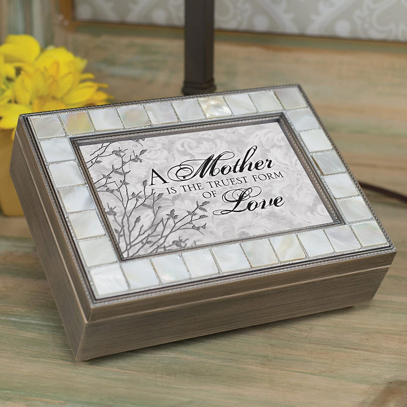 Cottage Garden Mother Truest Form of Love Mother of Pearl Distressed Grey Keepsake Music Box Plays Edelweiss
