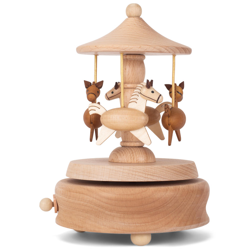 Cottage Garden Carousel Horses Woodgrain 17 inch Beech Wind-Up Musical Figurine