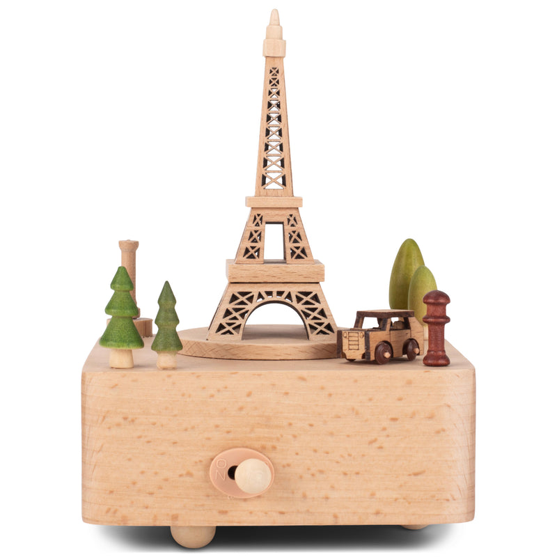 Cottage Garden Eiffel Tower Car Woodgrain 17 inch Beech Wind-Up Musical Figurine