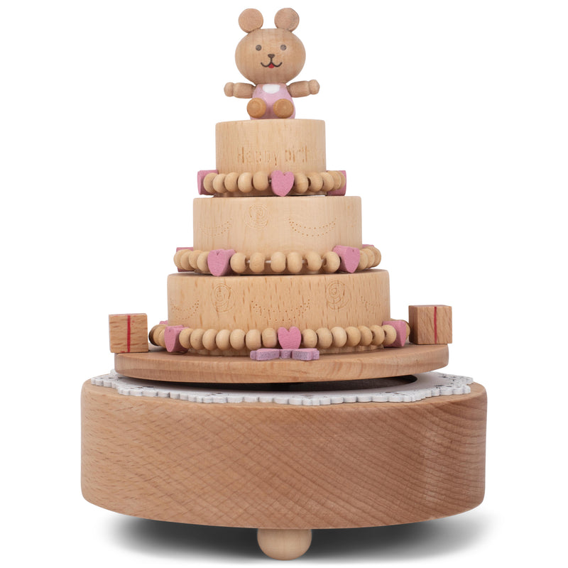 Cottage Garden Happy Birthday Cake Woodgrain 17 inch Beech Wind-Up Musical Figurine