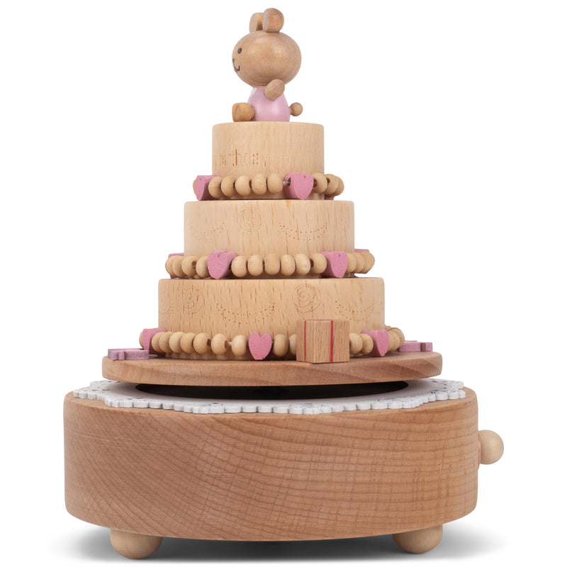 Cottage Garden Happy Birthday Cake Woodgrain 17 inch Beech Wind-Up Musical Figurine