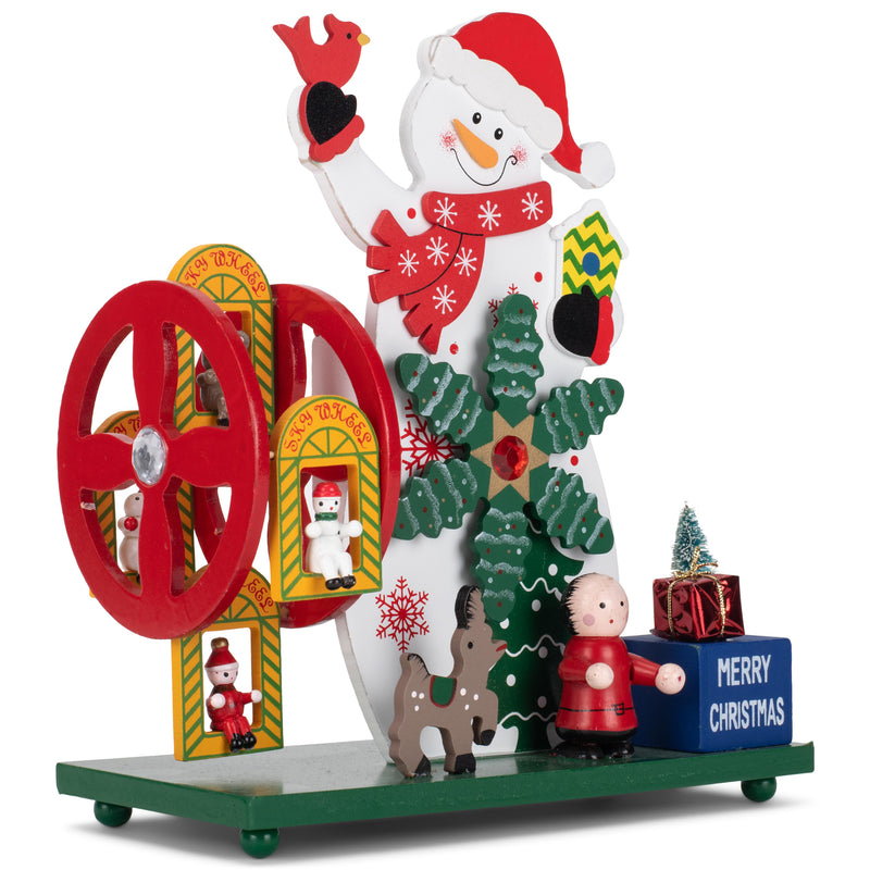 Cottage Garden Snowman White 9 inch Wood Musical Holiday Figurine Plays We Wish You A Merry Christmas