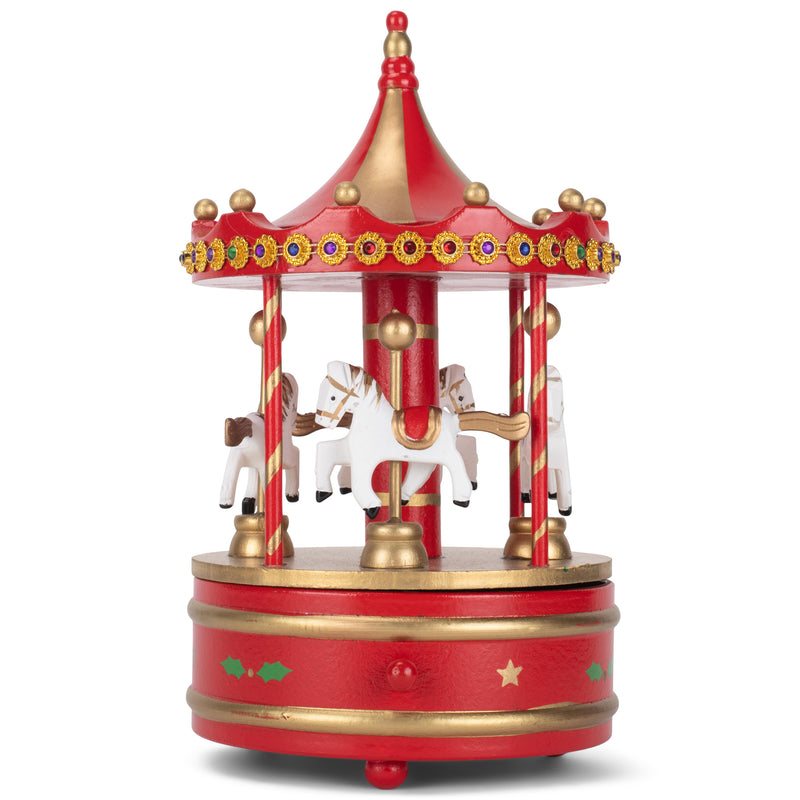 Cottage Garden Rotating Carousel Gold Tone 9 inch Wood Musical Christmas Figurine Plays Jingle Bells