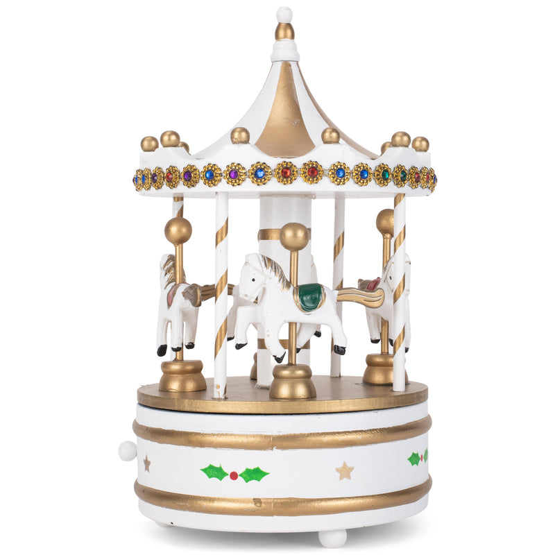 Cottage Garden Rotating Carousel White 9 inch Wood Musical Christmas Figurine Plays Jingle Bells