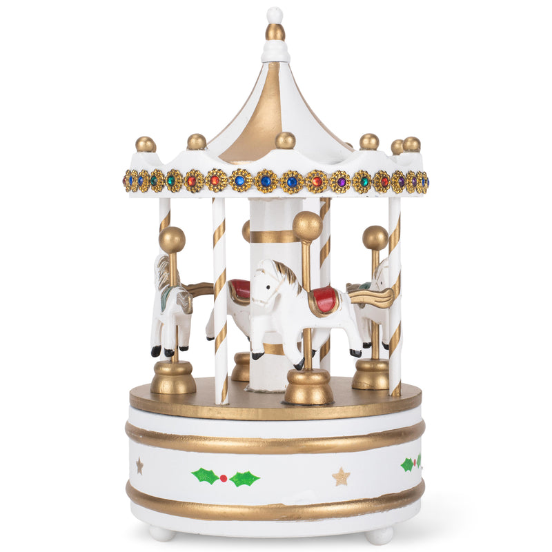 Cottage Garden Rotating Carousel White 9 inch Wood Musical Christmas Figurine Plays Jingle Bells