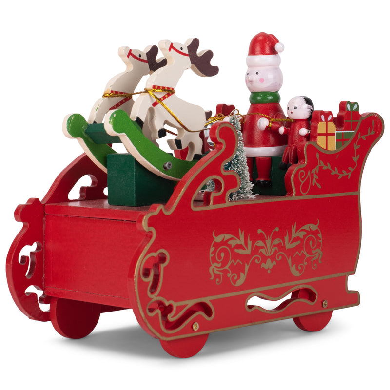 Cottage Garden Santa Sleigh Reindeer Red 7 inch Wood Musical Holiday Figurine Plays O Christmas Tree