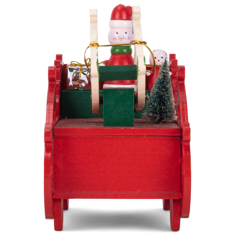 Cottage Garden Santa Sleigh Reindeer Red 7 inch Wood Musical Holiday Figurine Plays O Christmas Tree