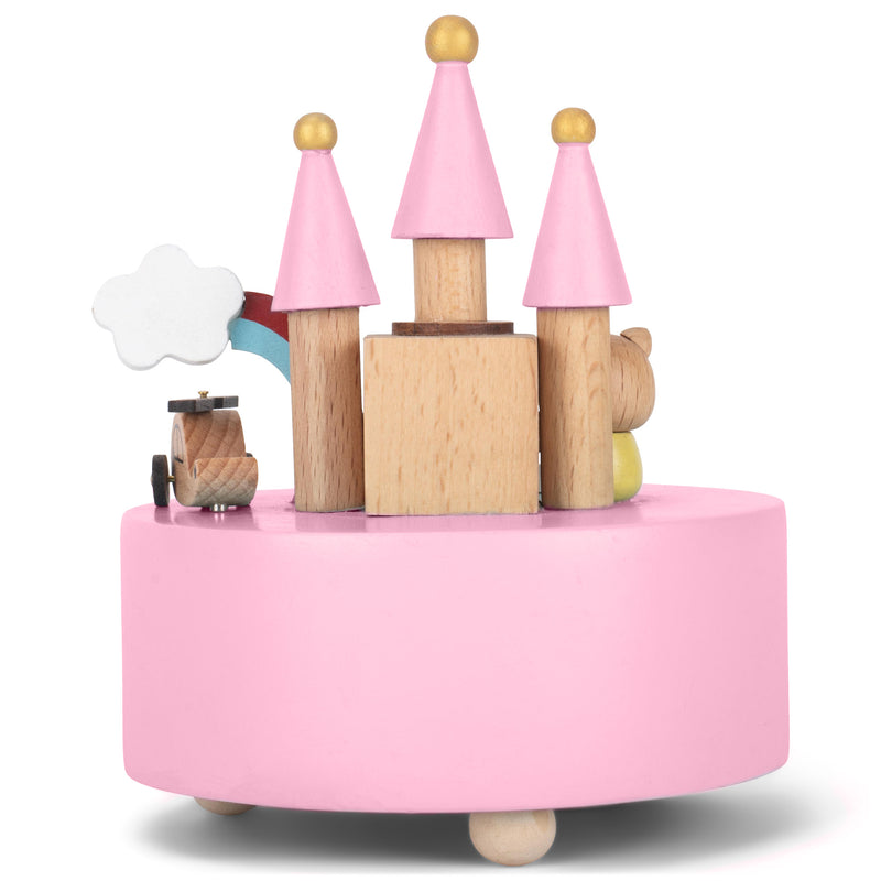 Cottage Garden Rainbow Castle Cat Pink 5 inch Natural Wood Music Box Plays Tune Brahm's Lullaby