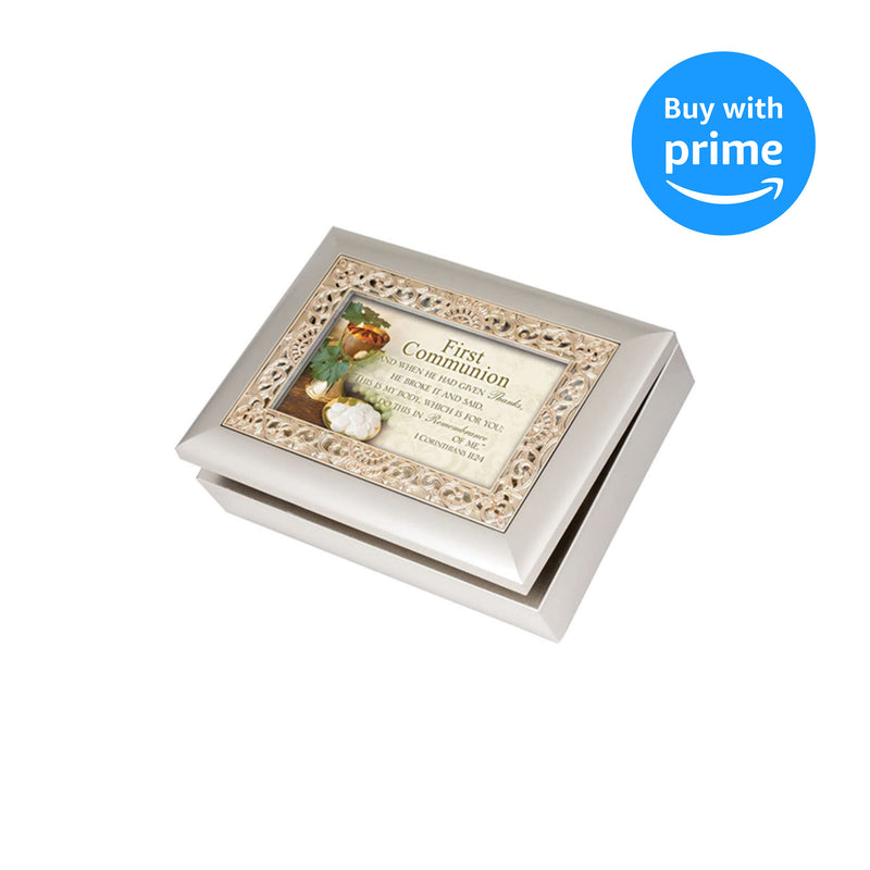 First Communion Ornate Champagne Silver Music Box/Jewelry Box Plays Amazing Grace