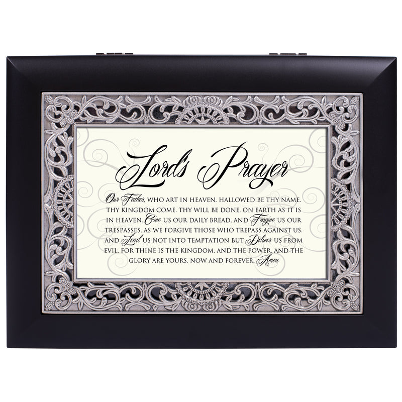 Cottage Garden Lord's Prayer Matte Black Finish Ornate Silver Color Inlay Jewelry Music Box Plays Amazing Grace