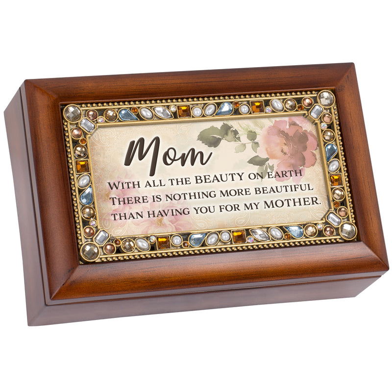 Mom Beauty On Earth Jeweled Woodgrain Music Box Plays Amazing Grace