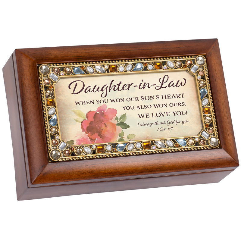 Daughter In Law Jeweled Woodgrain Music Box Plays Amazing Grace