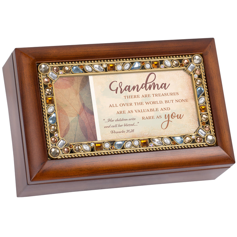 Grandma Treasures Jeweled Woodgrain Music Box Plays Amazing Grace