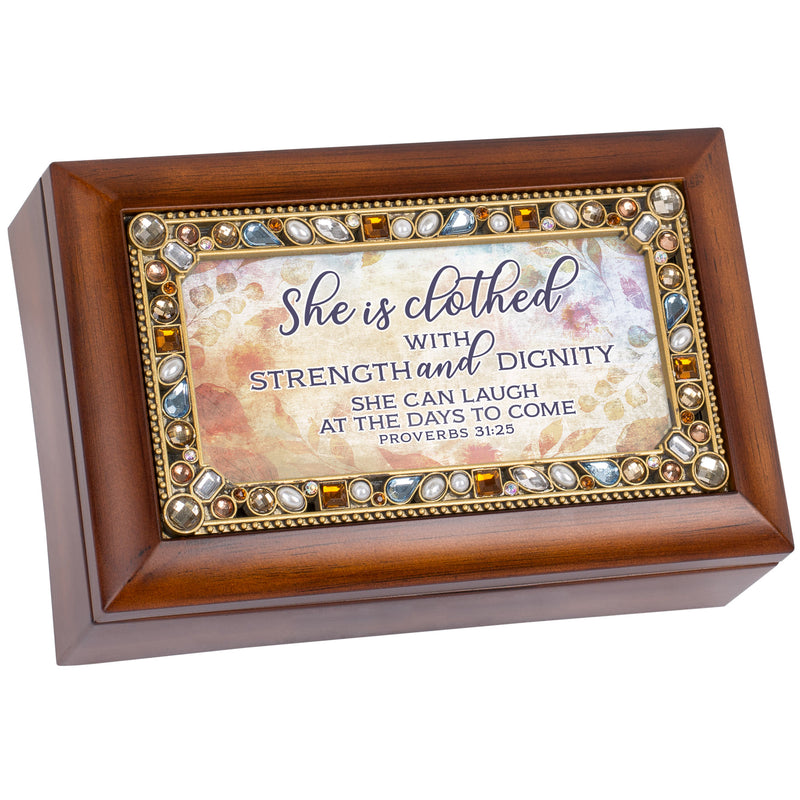Strength Dignity Jeweled Woodgrain Music Box Plays Amazing Grace