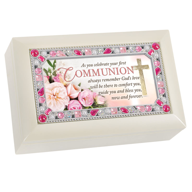 First Communion Jeweled Ivory Finish Music Box Plays Jesus Loves Me