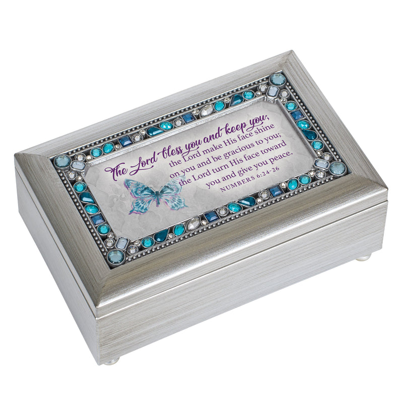 Bless You Jeweled Silver Finish Music Box Plays Jesus Loves Me