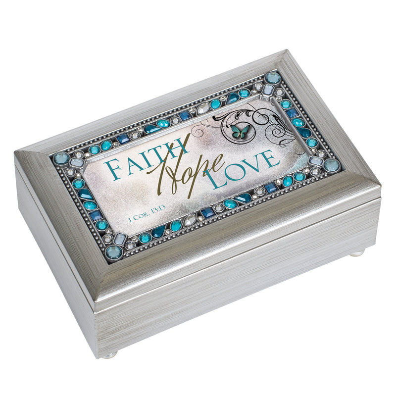 Faith Hope Love Jeweled Silver Finish Music Box Plays In The Garden