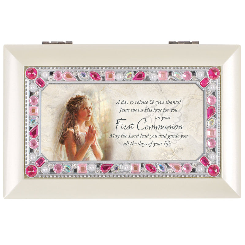 First Communion Girl Jeweled Ivory Music Box Plays Jesus Loves Me