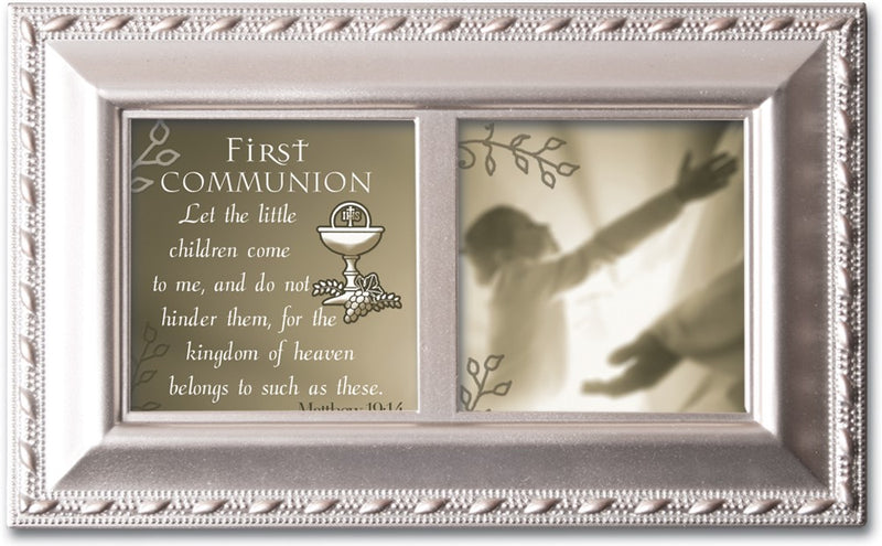 First Communion Little Ones Come Brushed Silver Jewelry Music Box Plays Amazing Grace