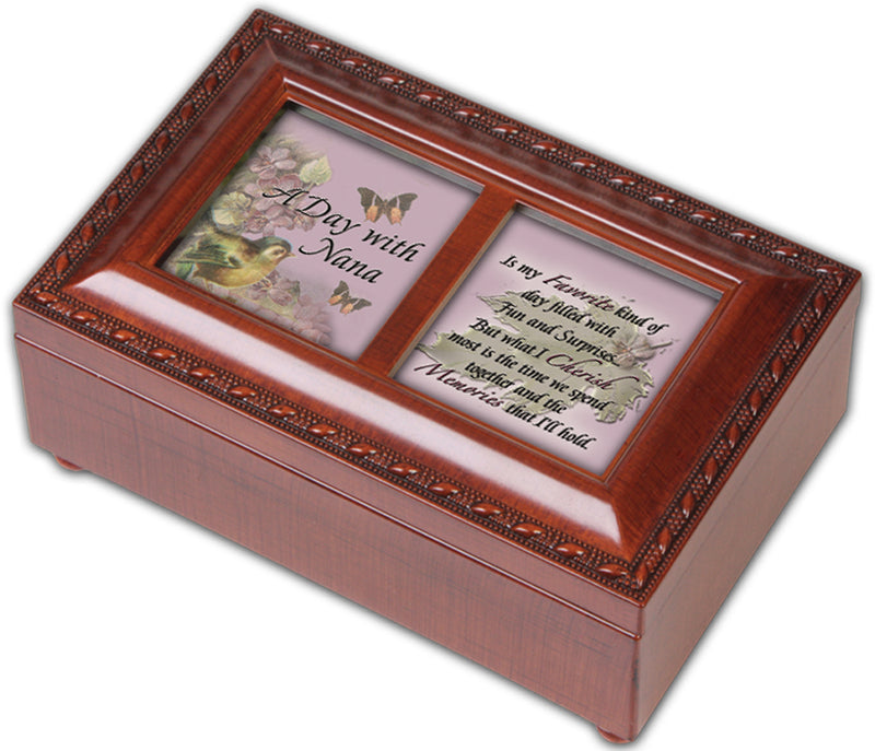 Cottage Garden A Day with Nana Favorite Woodgrain Rope Trim Jewelry Music Box Plays Wonderful World