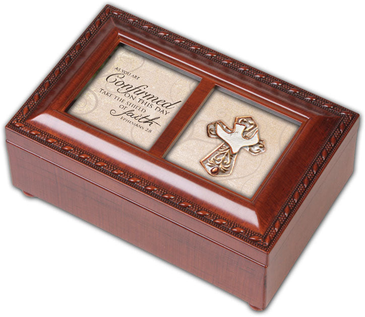As You are Confirmed Take The Shield Woodgrain Rope Trim Jewelry Music Box Plays Amazing Grace