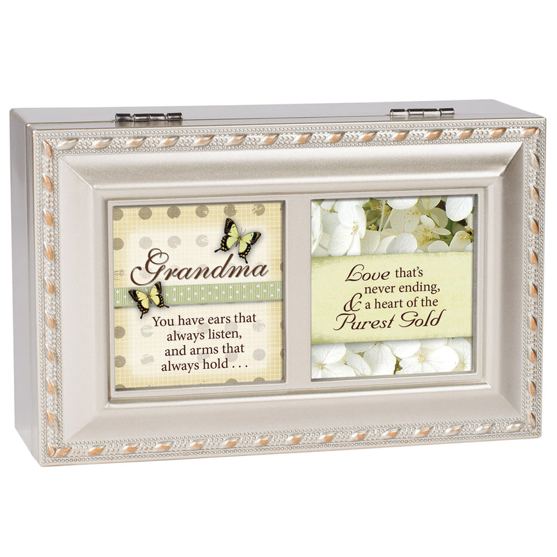 Cottage Garden Grandmother Love Never Ending Brushed Silvertone Jewelry Music Box Plays Amazing Grace