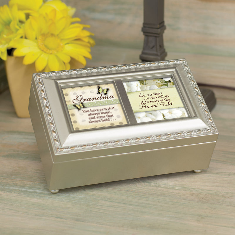 Cottage Garden Grandmother Love Never Ending Brushed Silvertone Jewelry Music Box Plays Amazing Grace