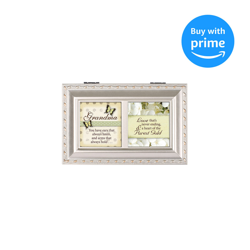 Cottage Garden Grandmother Love Never Ending Brushed Silvertone Jewelry Music Box Plays Amazing Grace