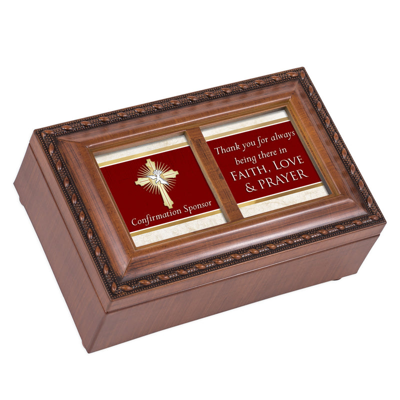 Confirmation Sponsor Faith Love Prayer Wood Finish Small Jewelry Music Box Plays How Great Thou Art