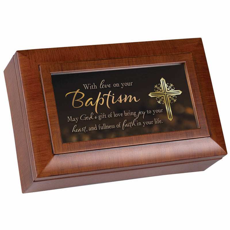 Love On Baptism God's Joy Heart Faith Woodgrain Petite Jewelry Music Box Plays Amazing Grace