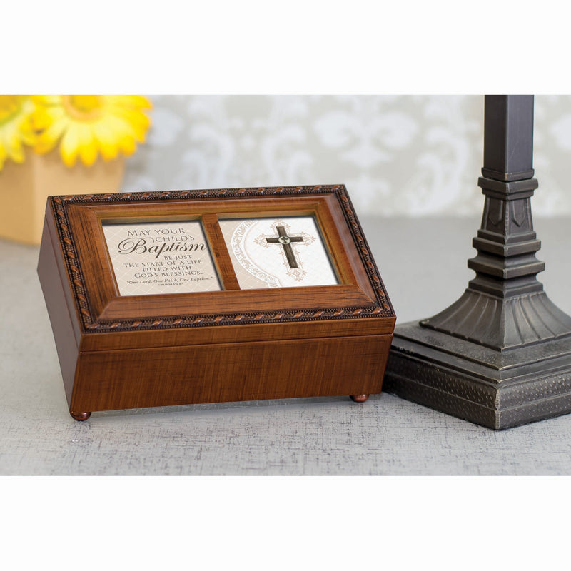 May Your Child's Baptism Woodgrain Music Box Plays Amazing Grace