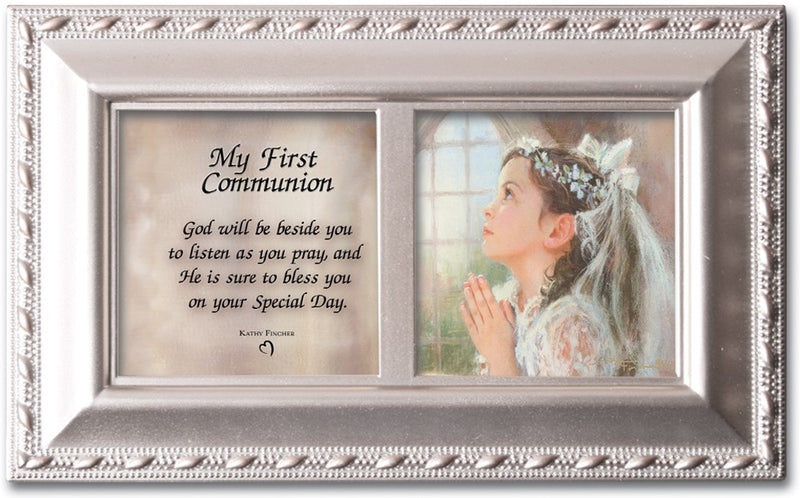 First Communion Brushed Silver Music Box Plays Amazing Grace