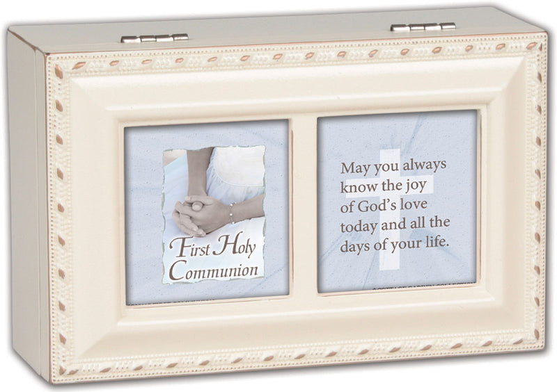 First Holy Communion Know The Joy Matte Ivory Jewelry Music Box Plays Ave Maria