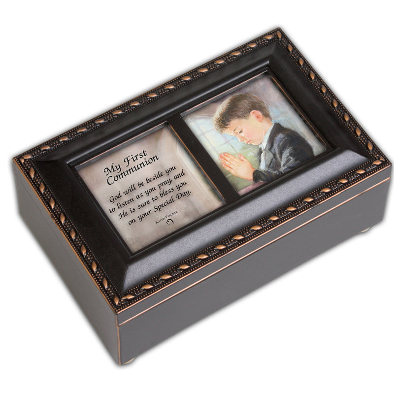 First Communion Boy Distressed Black Petite Music Box/Jewelry Box