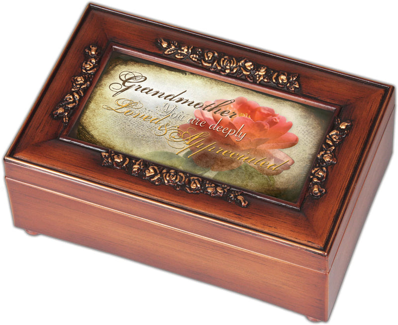 Cottage Garden Grandmother You are Deeply Loved Woodgrain Embossed Jewelry Music Box Plays Wonderful World