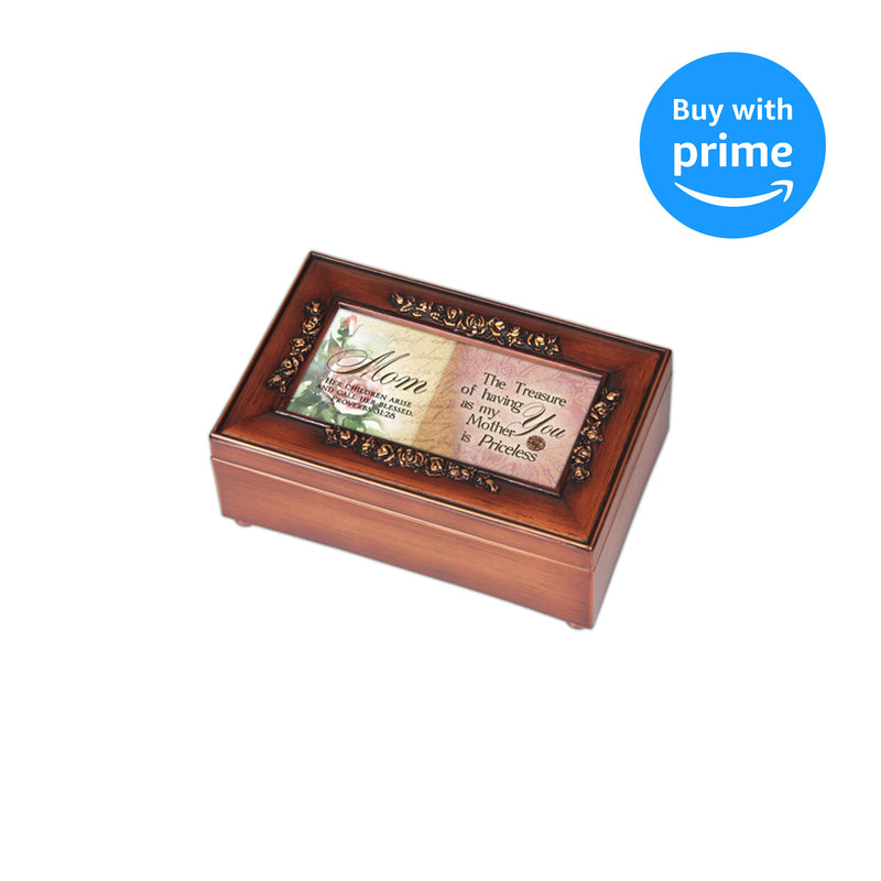 Cottage Garden Mom Having You as Mother Priceless Woodgrain Embossed Jewelry Music Box Plays Amazing Grace