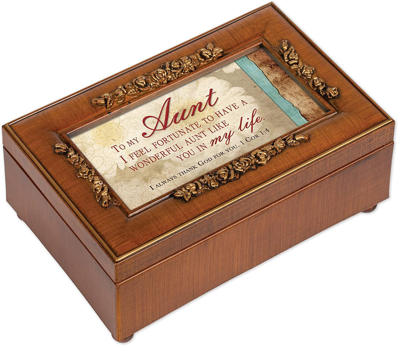 Cottage Garden Aunt Fortunate to Have You Woodgrain Embossed Jewelry Music Box Plays Amazing Grace