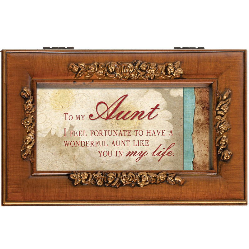Cottage Garden Aunt Fortunate to Have You Woodgrain Embossed Jewelry Music Box Plays Wonderful World